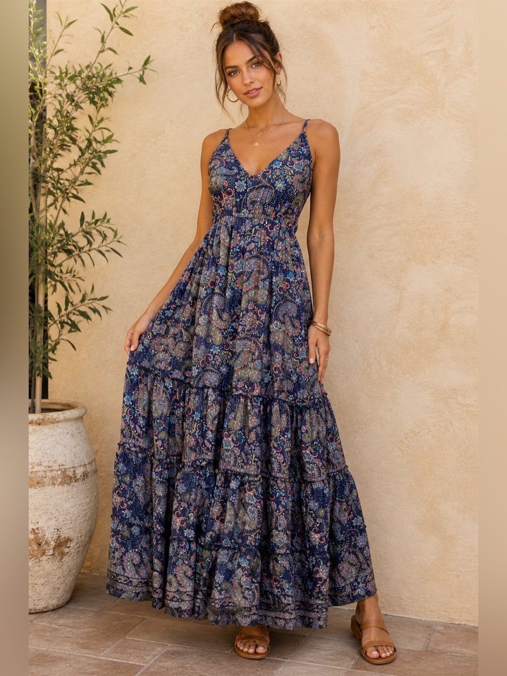 Rhea Paisley Maxi Dress NWT Silk Blend Tiered Flowy S/M Festival Cottagecore